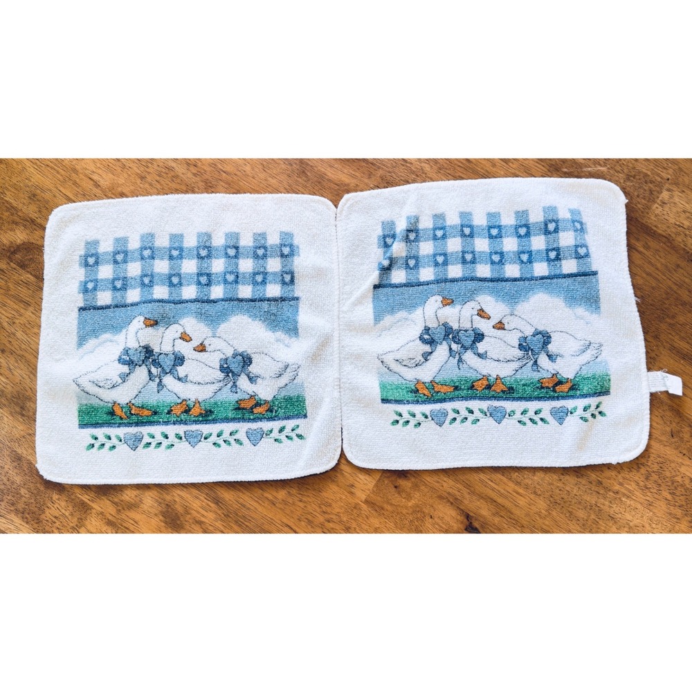 Vintage Franco Country Geese Washcloth Set of 2 Blue Gingham Hearts 100% Cotton